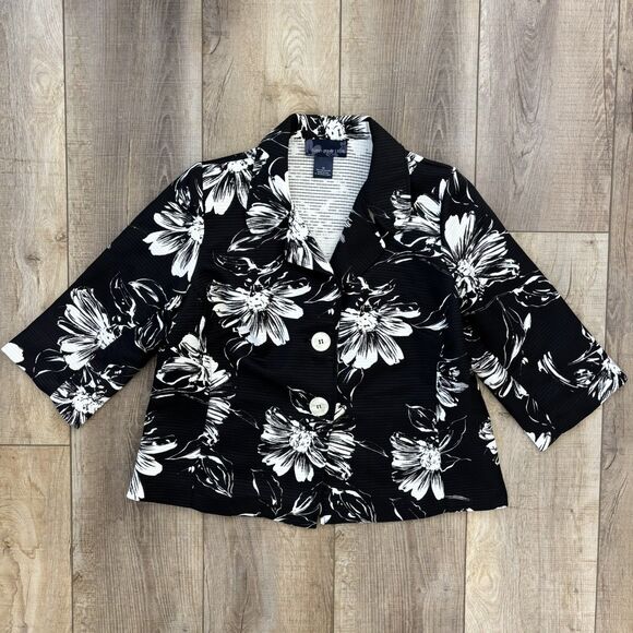 Susan Graver Style Black White Floral Button Up Jacket Size 1X Career Casual QVC - Picture 3 of 13